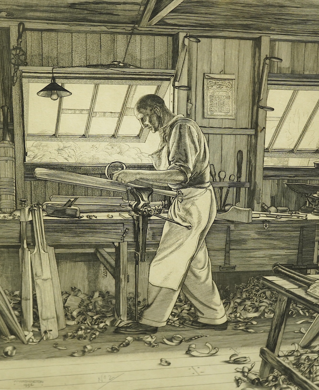 William Washington (English, 1885-1956), The Cricket Bat Maker, drypoint etching, 27.5 x 21.5cm